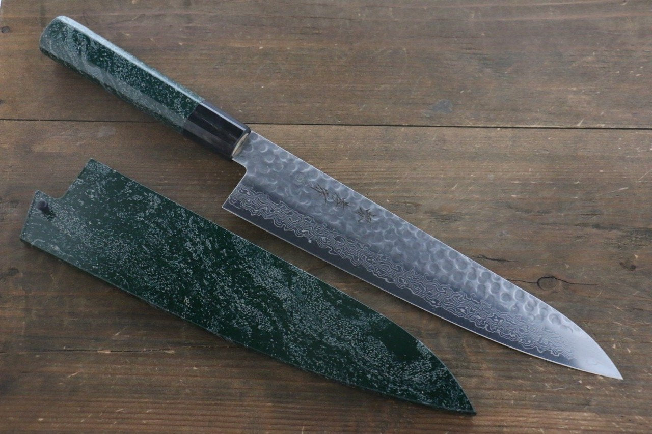 Sakai Takayuki 45 Layer Damascus Hammered Gyuto Japanese Chef Knife 240mm Green Lacquered Handle With Saya - Japanny - Best Japanese Knife