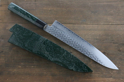 Sakai Takayuki 45 Layer Damascus Hammered Gyuto Japanese Chef Knife 240mm Green Lacquered Handle With Saya - Japanny - Best Japanese Knife