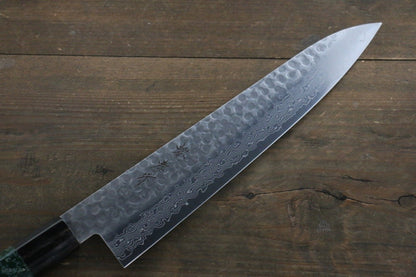 Sakai Takayuki 45 Layer Damascus Hammered Gyuto Japanese Chef Knife 240mm Green Lacquered Handle With Saya - Japanny - Best Japanese Knife