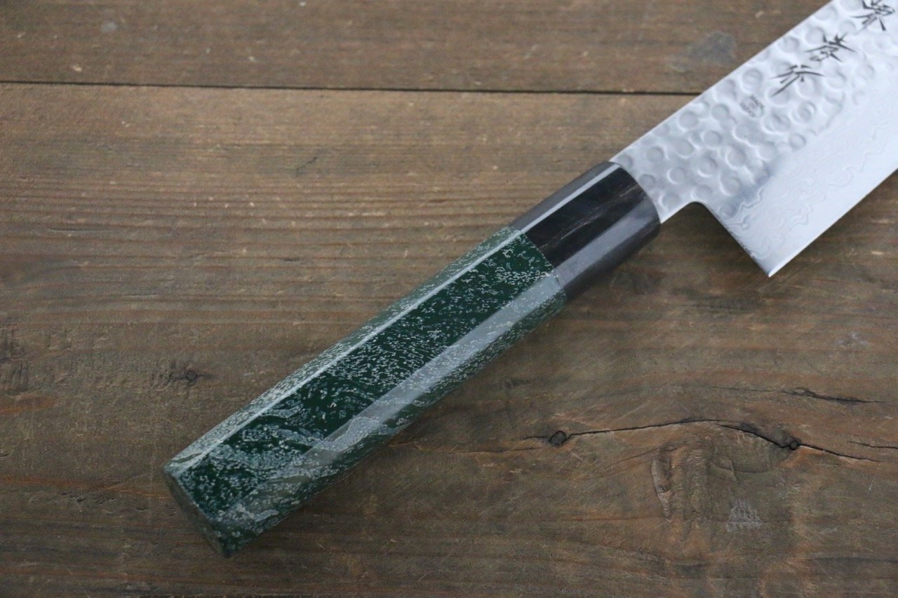 Sakai Takayuki 45 Layer Damascus Hammered Gyuto Japanese Chef Knife 240mm Green Lacquered Handle With Saya - Japanny - Best Japanese Knife