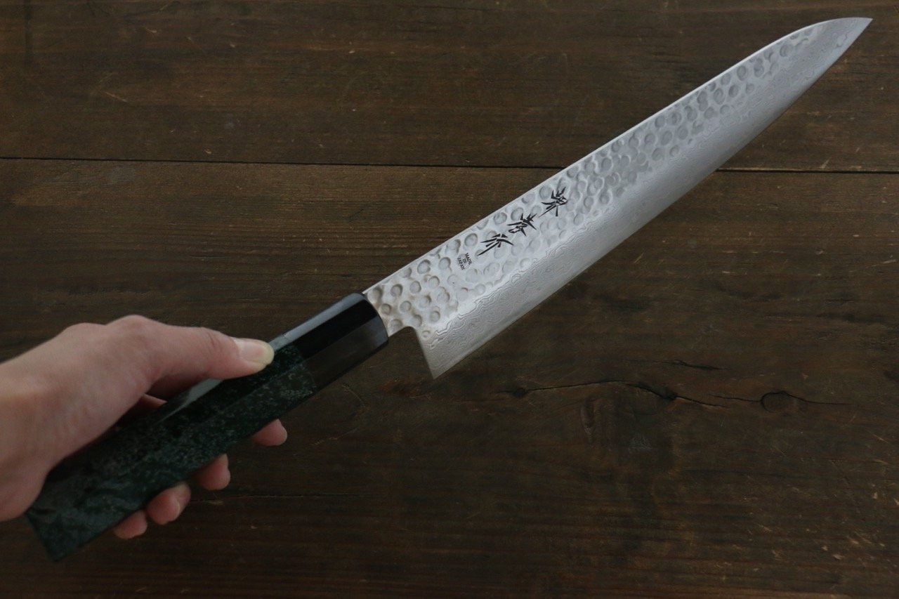 Sakai Takayuki 45 Layer Damascus Hammered Gyuto Japanese Chef Knife 240mm Green Lacquered Handle With Saya - Japanny - Best Japanese Knife