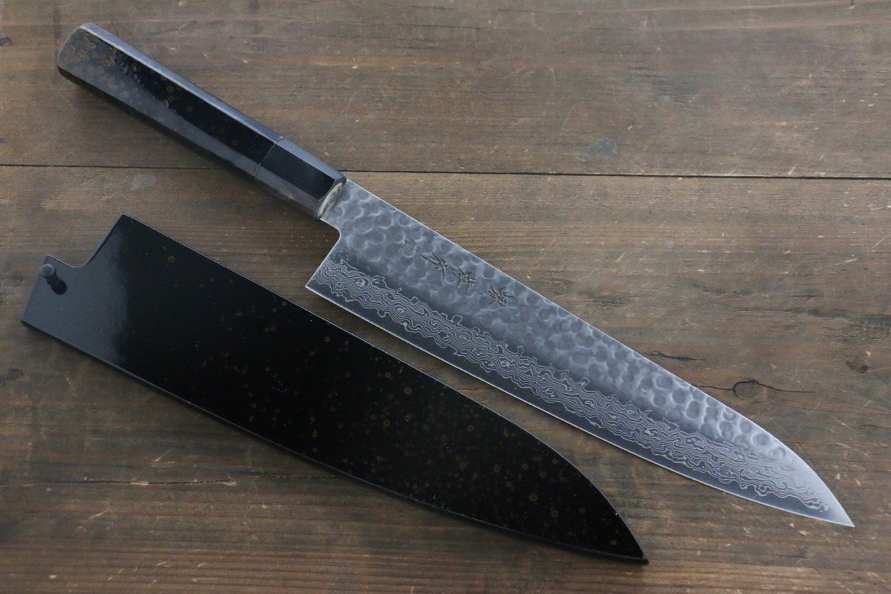 Sakai Takayuki 45 Layer Damascus Hammered Gyuto Japanese Chef Knife 210mm Gold Dots Lacquered Handle With Saya - Japanny - Best Japanese Knife