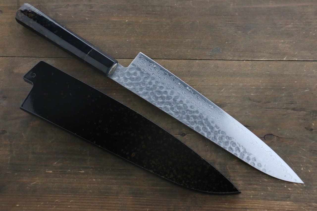 Sakai Takayuki 45 Layer Damascus Hammered Gyuto Japanese Chef Knife 210mm Gold Dots Lacquered Handle With Saya - Japanny - Best Japanese Knife