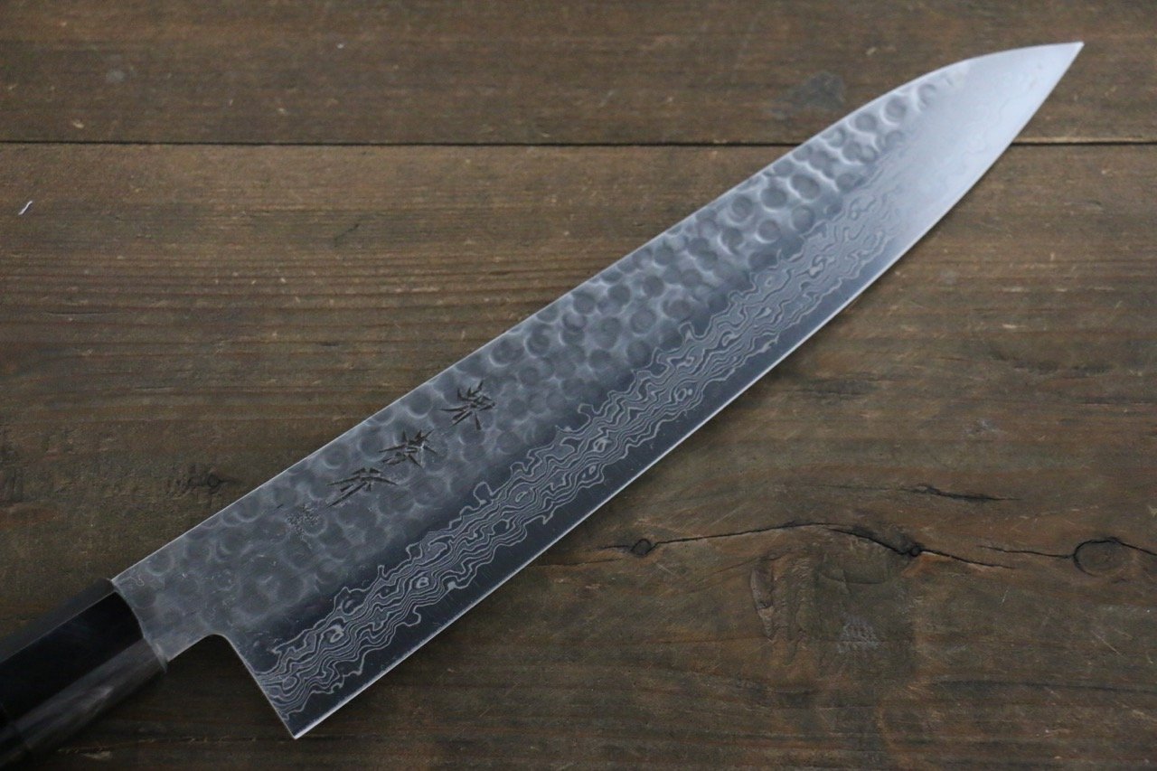 Sakai Takayuki 45 Layer Damascus Hammered Gyuto Japanese Chef Knife 210mm Gold Dots Lacquered Handle With Saya - Japanny - Best Japanese Knife