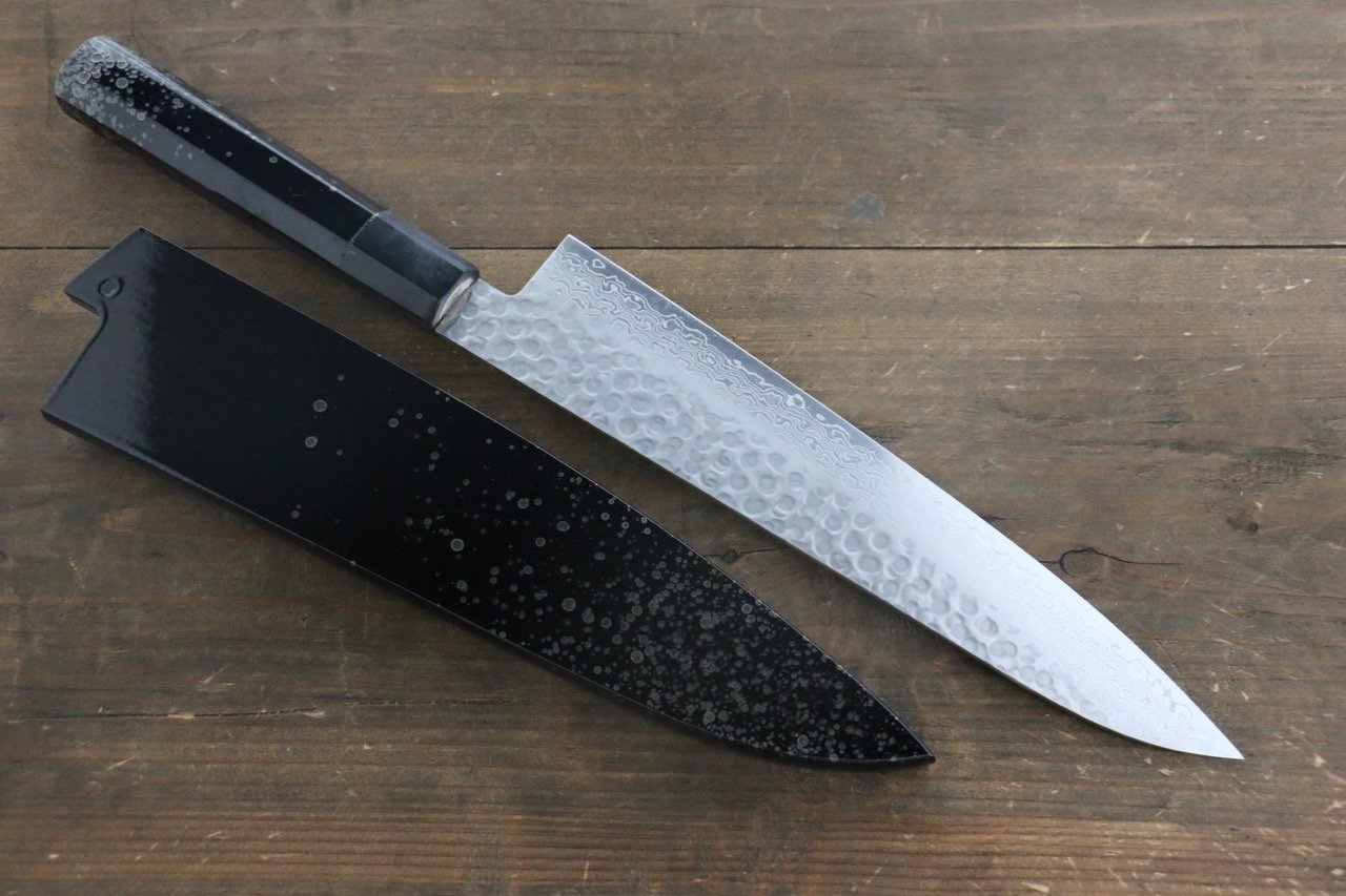 Sakai Takayuki 45 Layer Damascus Hammered Gyuto Japanese Chef Knife 240mm Silver Dots Lacquered Handle With Saya - Japanny - Best Japanese Knife