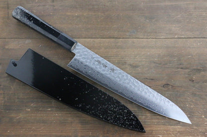 Sakai Takayuki 45 Layer Damascus Hammered Gyuto Japanese Chef Knife 240mm Silver Dots Lacquered Handle With Saya - Japanny - Best Japanese Knife