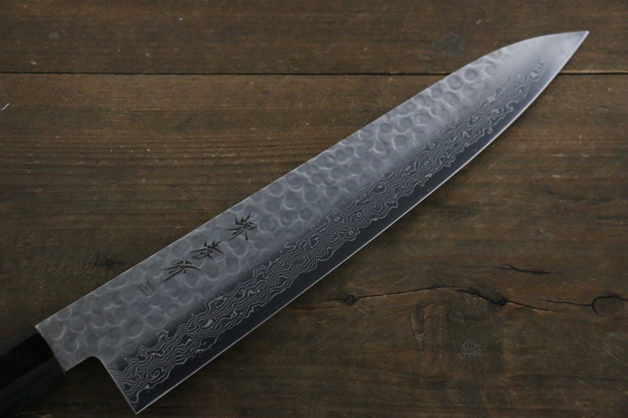 Sakai Takayuki 45 Layer Damascus Hammered Gyuto Japanese Chef Knife 240mm Silver Dots Lacquered Handle With Saya - Japanny - Best Japanese Knife