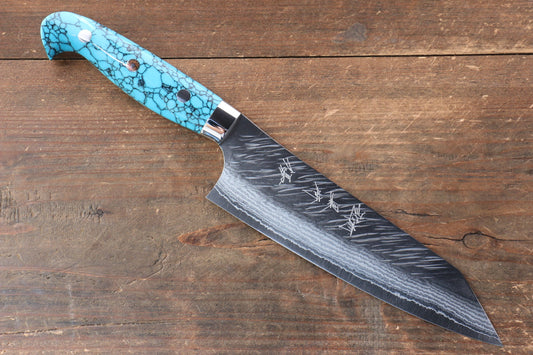 Yu Kurosaki Fujin SPG2 Hammered Damascus Santoku Japanese Knife 170mm Turquoise Handle - Japanny - Best Japanese Knife