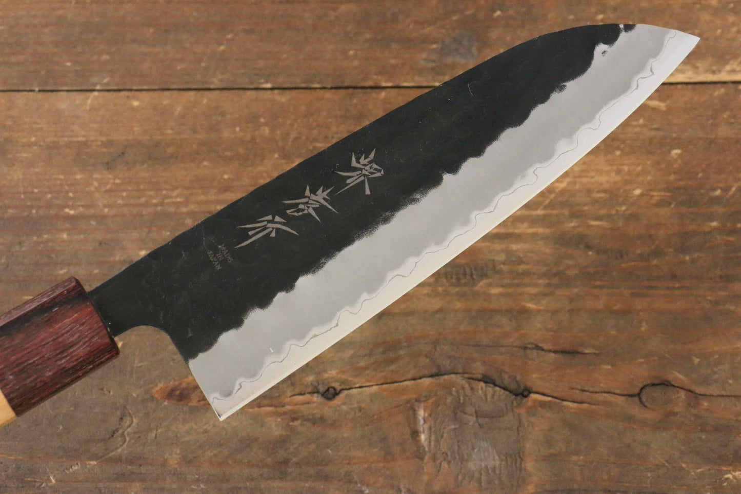 Sakai Takayuki Blue Super Hammered Black Finished Santoku Japanese Knife 165mm Keyaki (Japanese Elm) Handle - Japanny - Best Japanese Knife