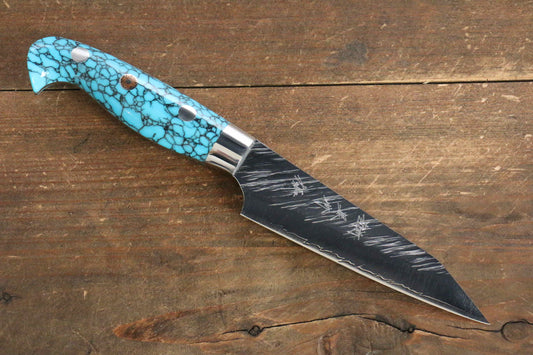 Yu Kurosaki Fujin SPG2 Hammered Damascus Petty-Utility Japanese Knife 100mm Turquoise Handle - Japanny - Best Japanese Knife