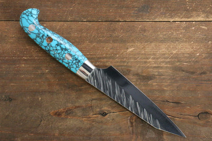 Yu Kurosaki Fujin SPG2 Hammered Damascus Petty-Utility Japanese Knife 100mm Turquoise Handle - Japanny - Best Japanese Knife