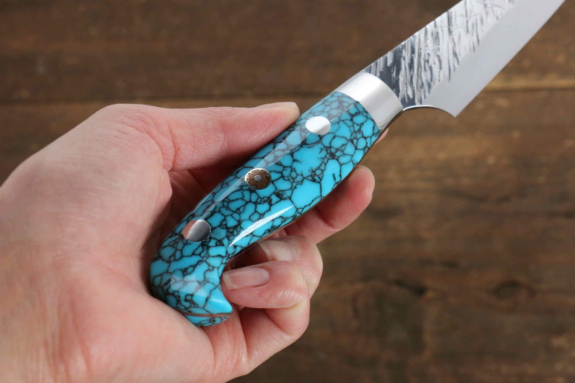 Yu Kurosaki Fujin SPG2 Hammered Damascus Petty-Utility Japanese Knife 100mm Turquoise Handle - Japanny - Best Japanese Knife