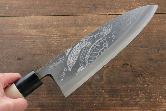 Sakai Takayuki Kasumitogi White Steel Turtle engraving Deba Japanese Knife Magnolia Handle - Japanny - Best Japanese Knife