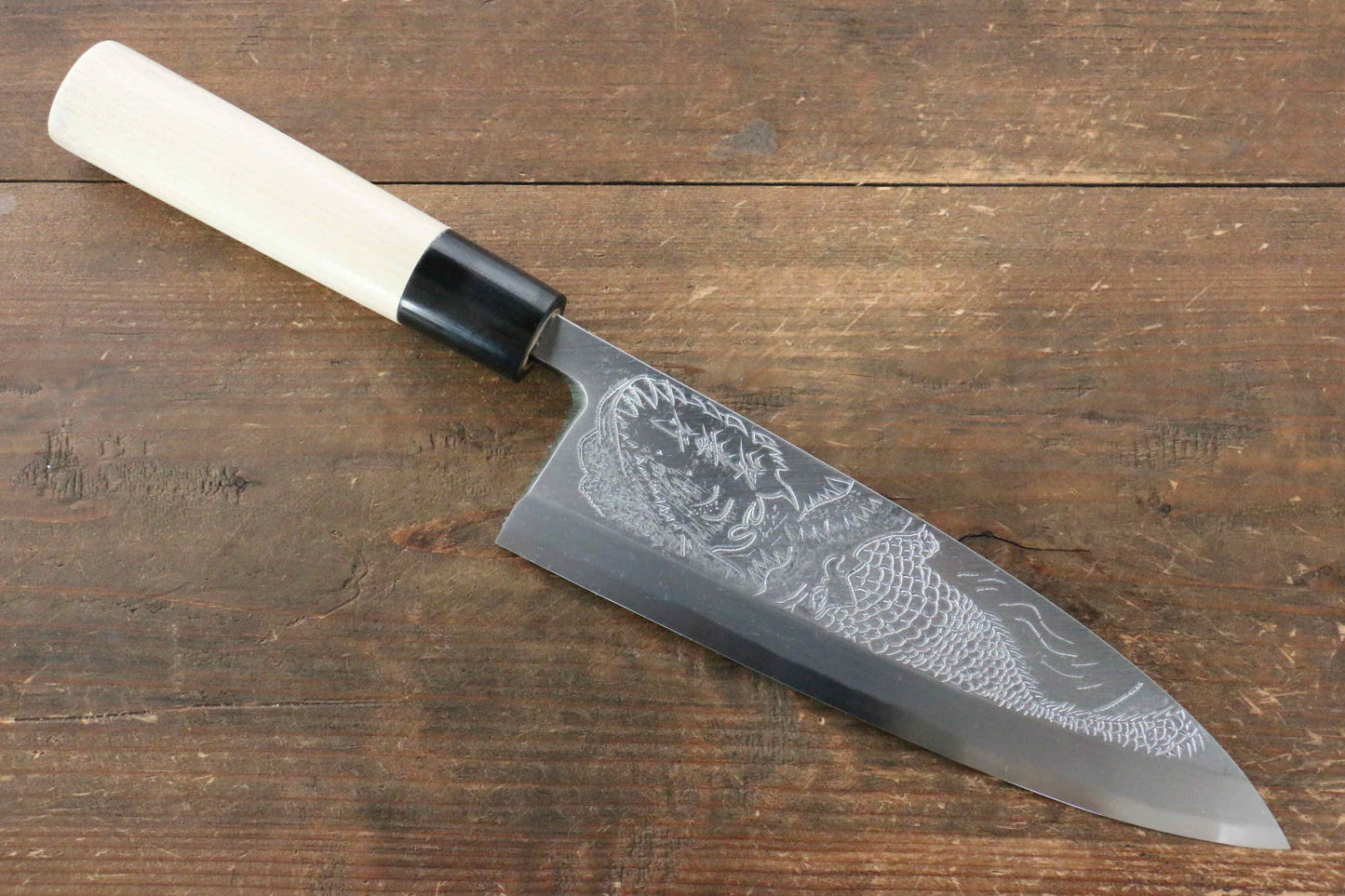 Sakai Takayuki Kasumitogi White Steel Crocodile engraving Deba Japanese Knife Magnolia Handle - Japanny - Best Japanese Knife