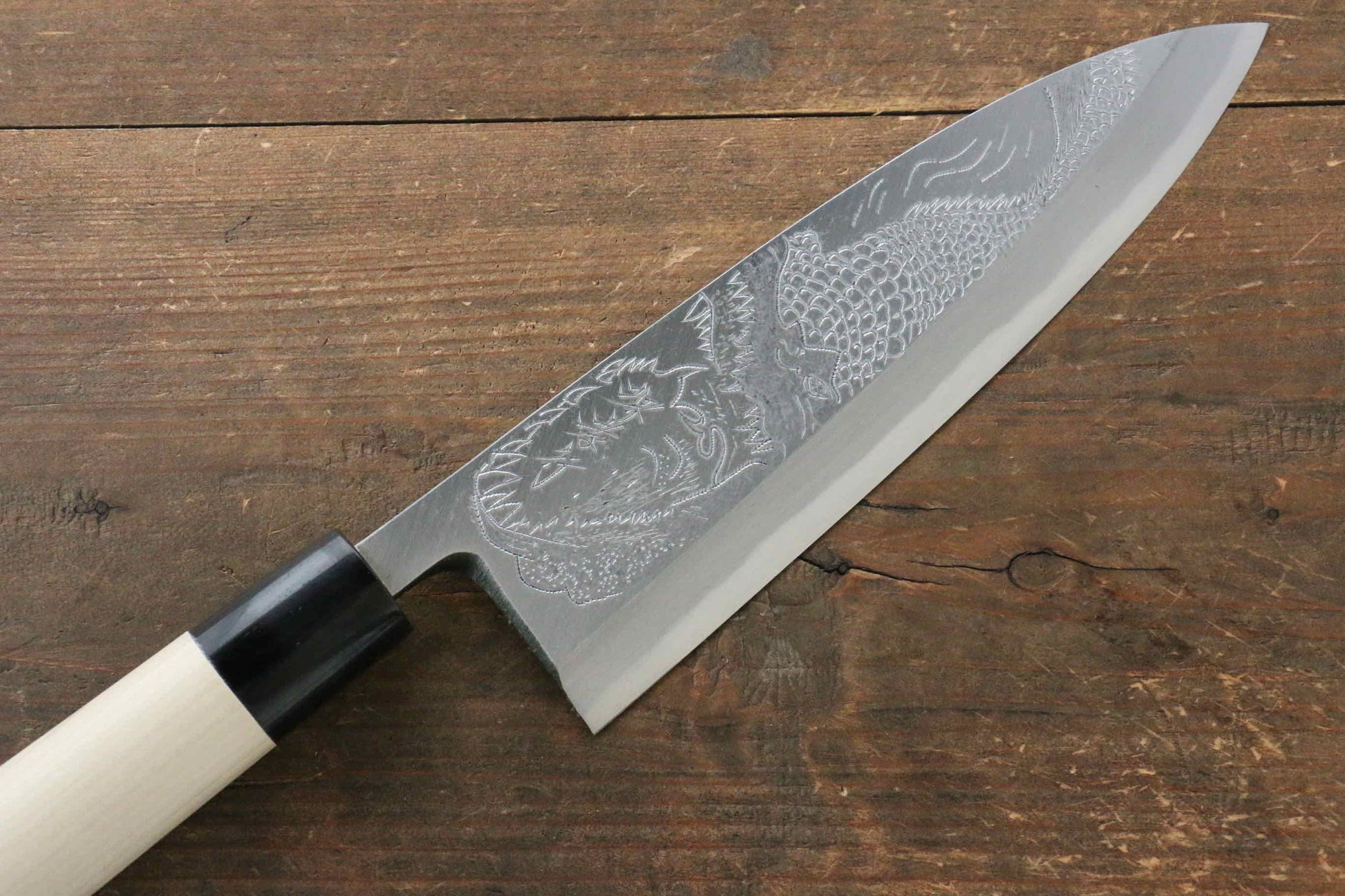 Sakai Takayuki Kasumitogi White Steel Crocodile engraving Deba Japanese Knife Magnolia Handle - Japanny - Best Japanese Knife