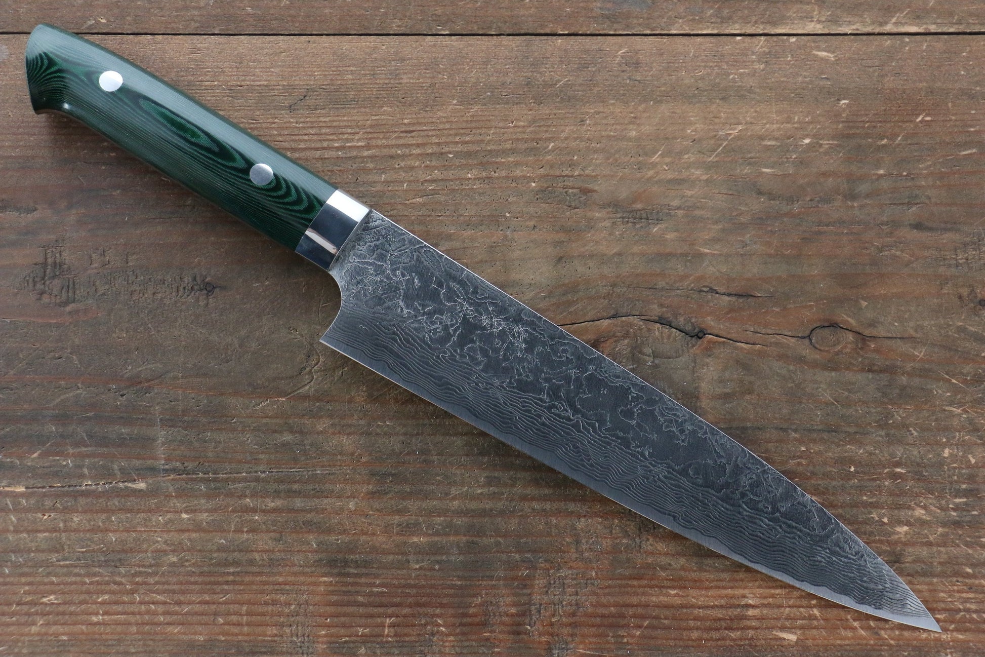 Takeshi Saji R2/SG2 Diamond Finish Damascus Gyuto Japanese Knife 210mm with Green Micarta Handle - Japanny - Best Japanese Knife