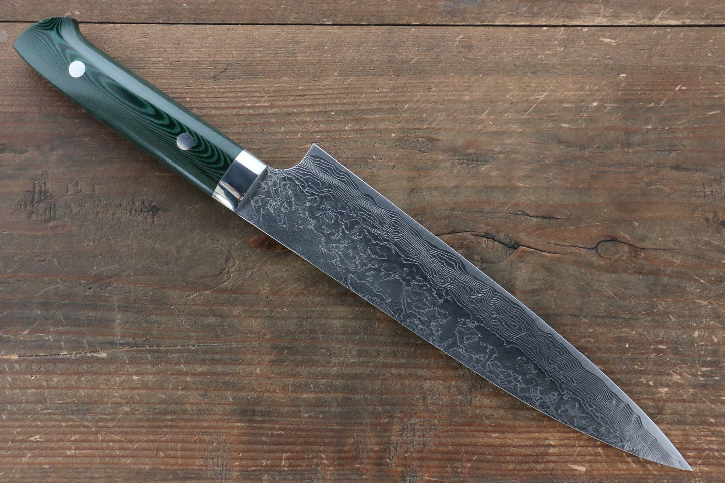 Takeshi Saji R2/SG2 Diamond Finish Damascus Gyuto Japanese Knife 210mm with Green Micarta Handle - Japanny - Best Japanese Knife