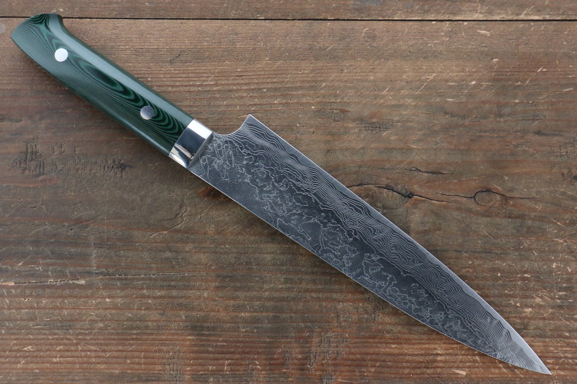 Takeshi Saji R2/SG2 Diamond Finish Damascus Gyuto Japanese Knife 210mm with Green Micarta Handle - Japanny - Best Japanese Knife