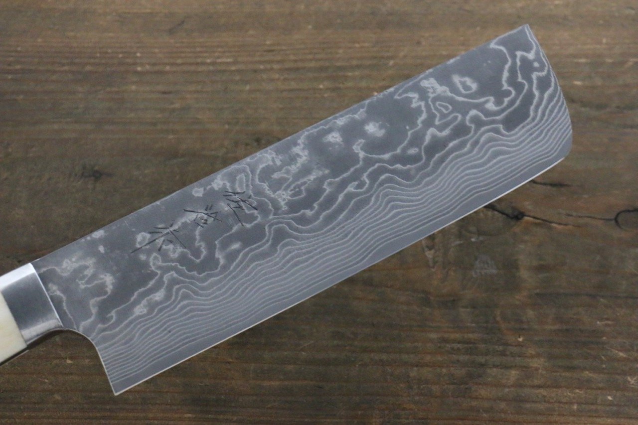 Takeshi Saji VG10 Black Damascus Nakiri Japanese Chef Knife 180mm with Bone Handle - Japanny - Best Japanese Knife