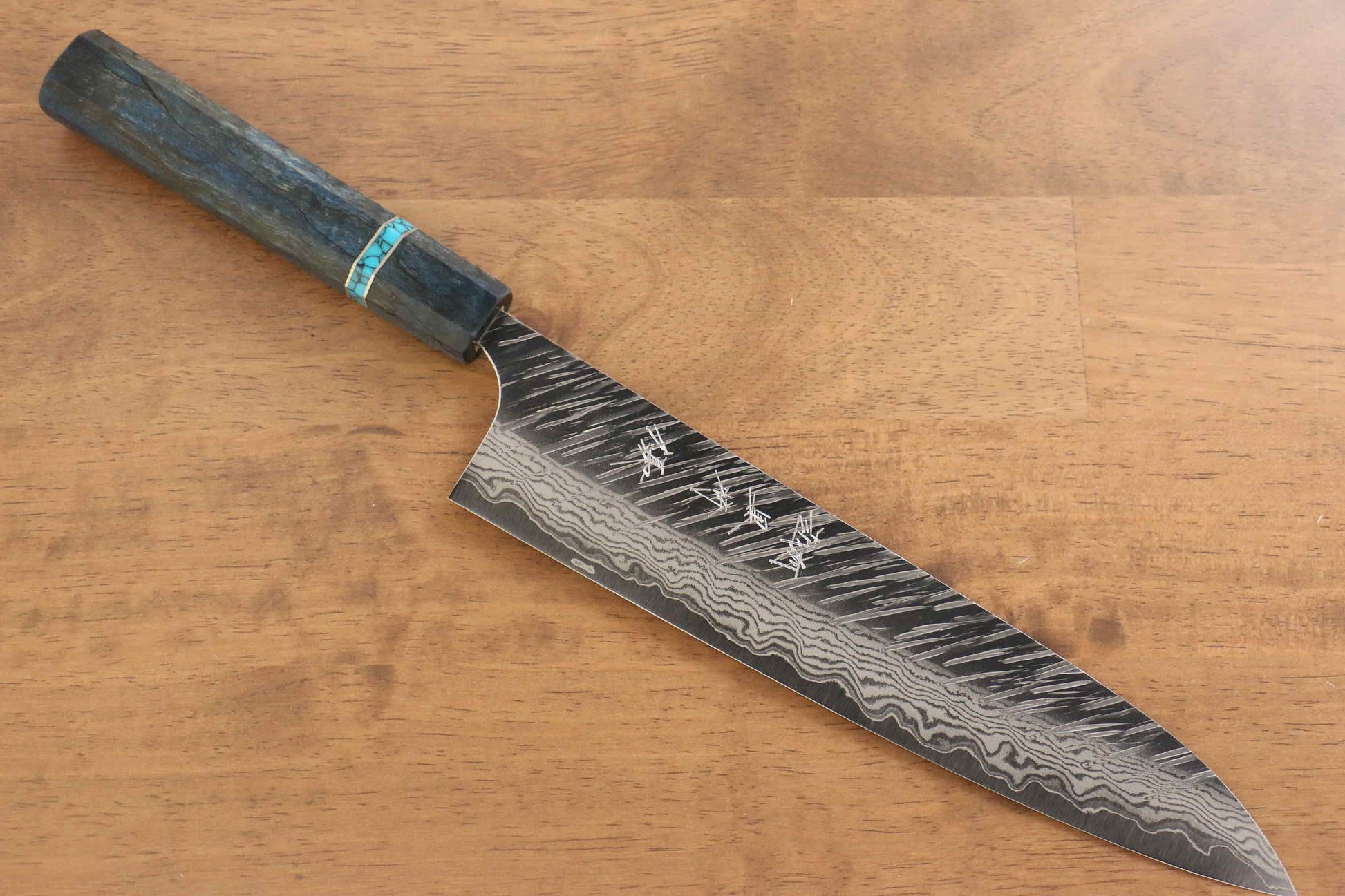 Yu Kurosaki Fujin VG10 Hammered Gyuto Japanese Knife 240mm Maple(With turquoise ring Blue) Handle - Japanny - Best Japanese Knife