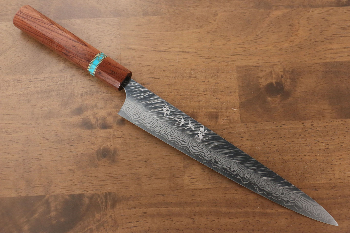 Yu Kurosaki Fujin VG10 Hammered Sujihiki Japanese Knife 240mm Maple(With turquoise ring Brown) Handle - Japanny - Best Japanese Knife