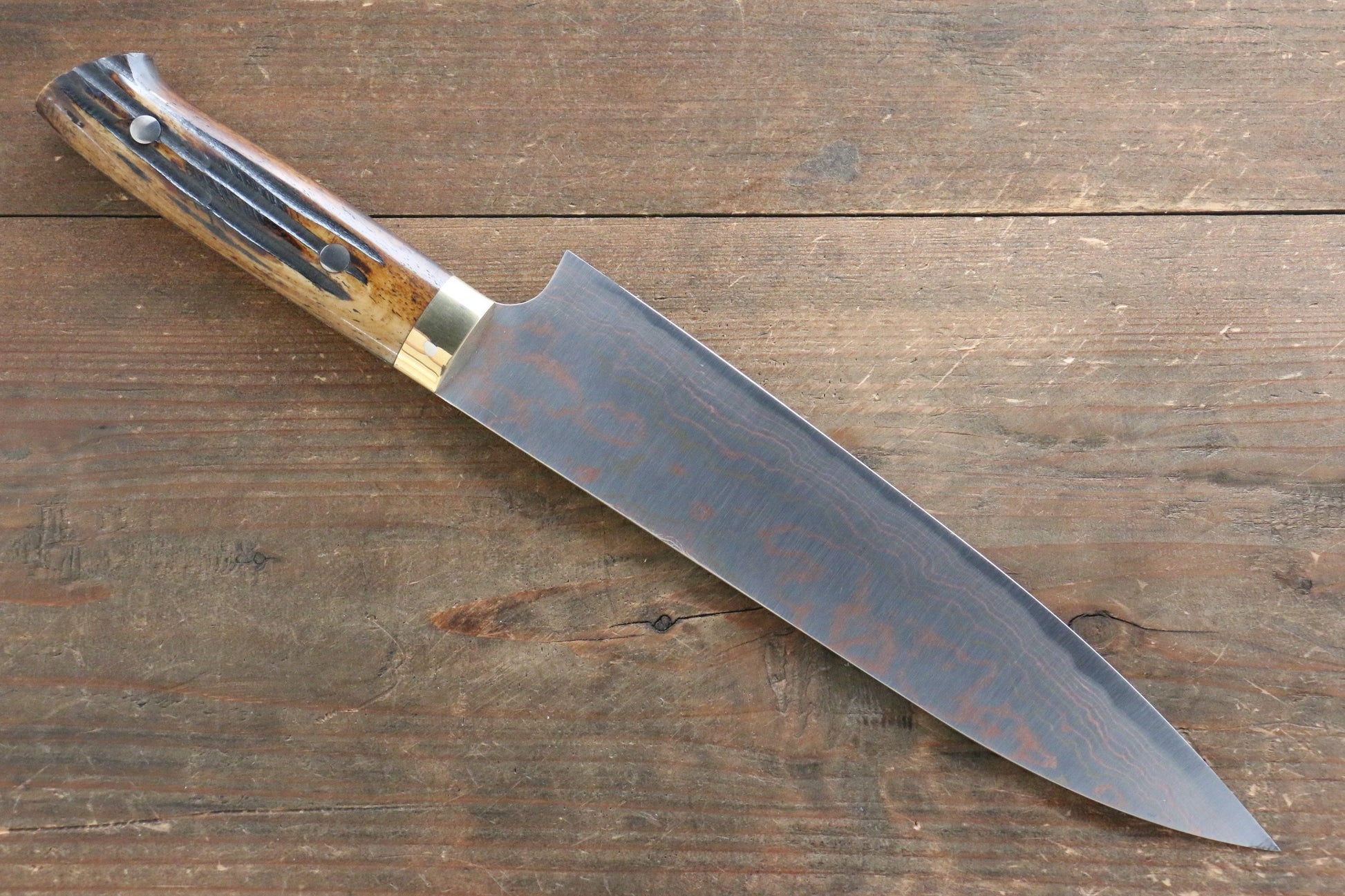 Takeshi Saji Blue Steel No.2 Colored Damascus Gyuto Japanese Knife 210mm with Brown Cow Bone  Handle - Japanny - Best Japanese Knife