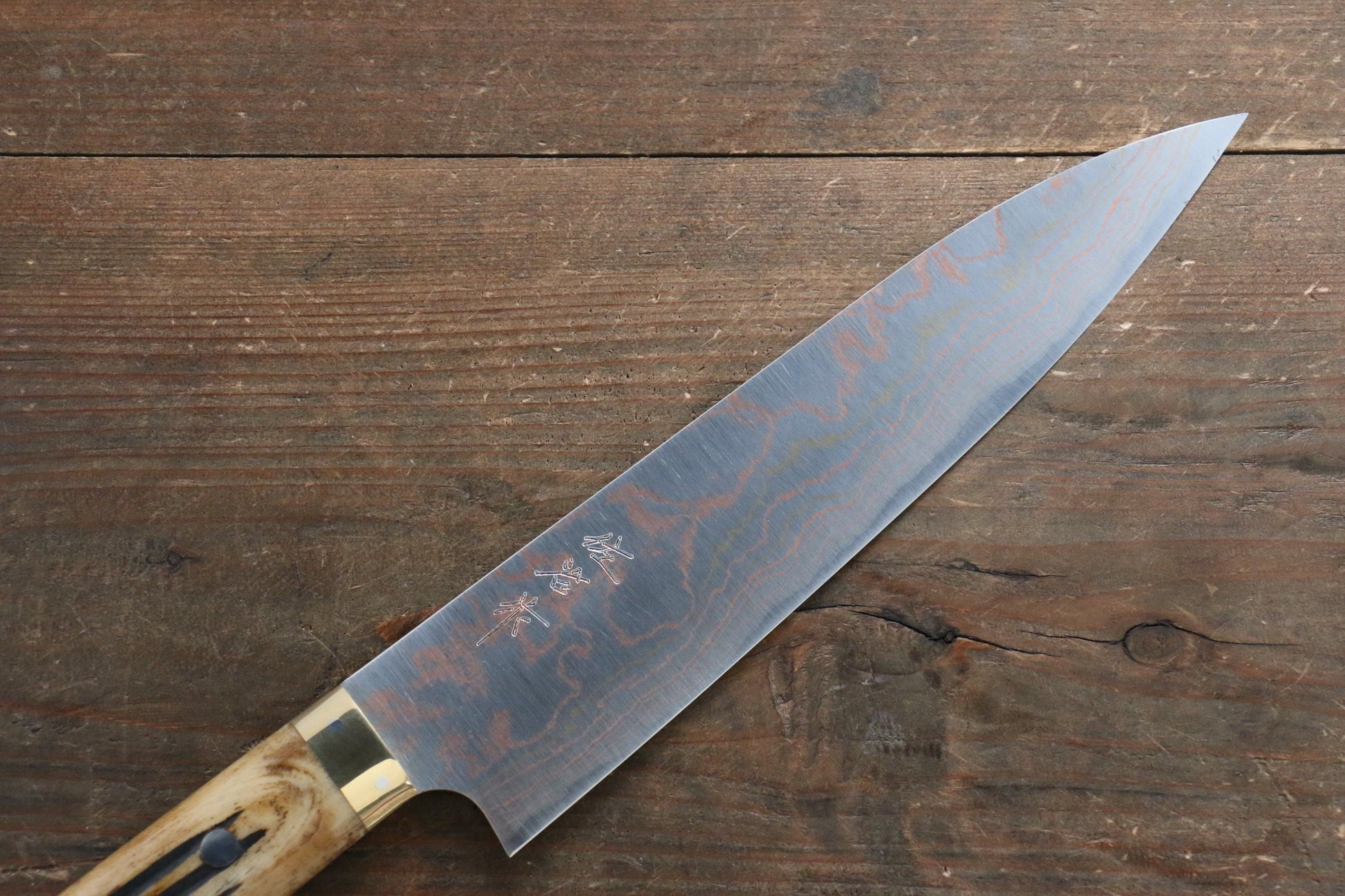 Takeshi Saji Blue Steel No.2 Colored Damascus Gyuto Japanese Knife 210mm with Brown Cow Bone  Handle - Japanny - Best Japanese Knife