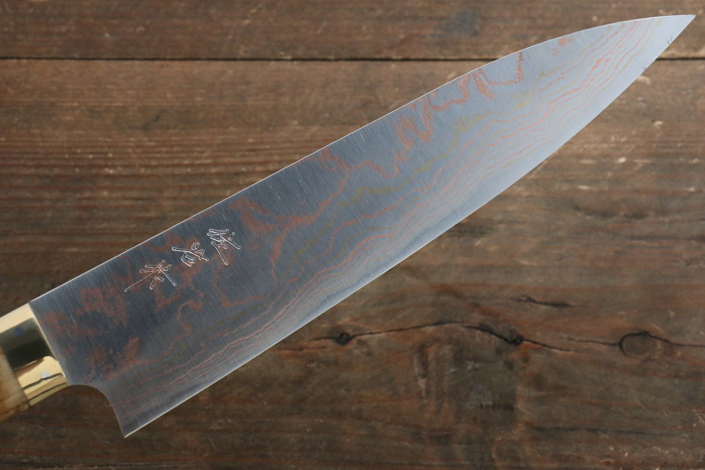 Takeshi Saji Blue Steel No.2 Colored Damascus Gyuto Japanese Knife 210mm with Brown Cow Bone  Handle - Japanny - Best Japanese Knife