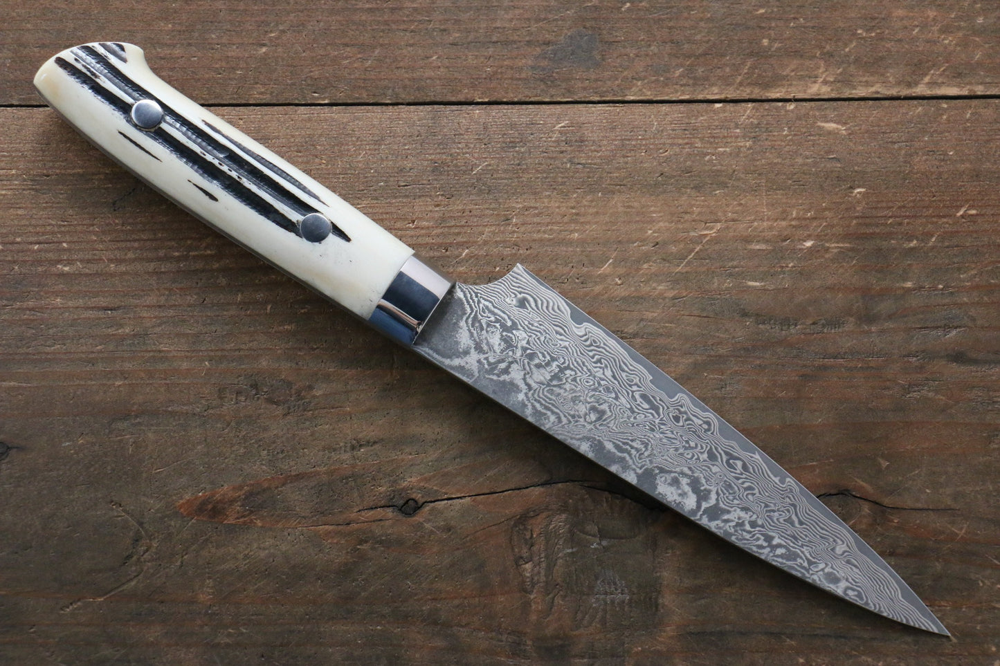 Takeshi Saji R2/SG2 Black Damascus Petty-Utility Japanese Knife 130mm with White Cow Bone  Handle - Japanny - Best Japanese Knife