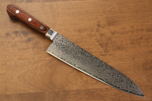 Hochwertiges japanisches Messer – Gyuto-Mehrzweckmesser der Marke Seisuke, Damaststahl ZA-18, hochglanzpoliert, 210 mm brauner Sperrholzgriff