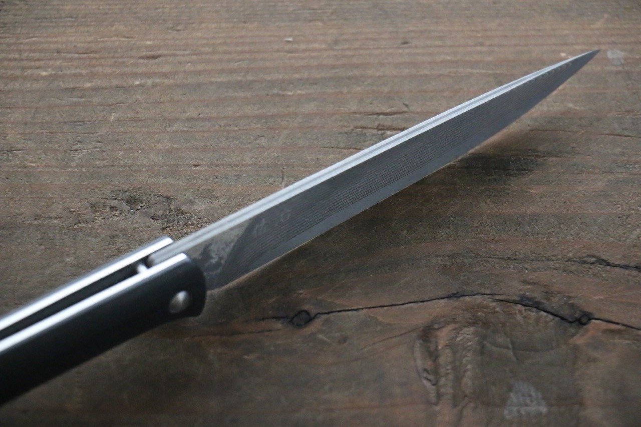 Saji R2 Black Damascus Folding Steak Knife 100mm with Black Micarta handle - Japanny - Best Japanese Knife