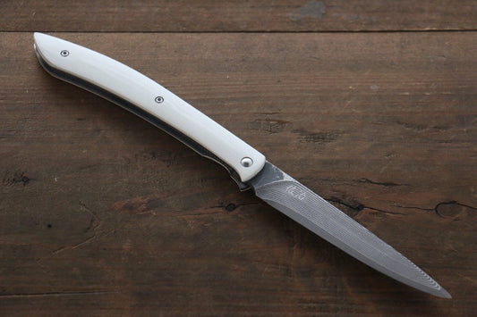 Saji R2 Black Damascus Folding Steak Knife 100mm with White Micarta handle - Japanny - Best Japanese Knife