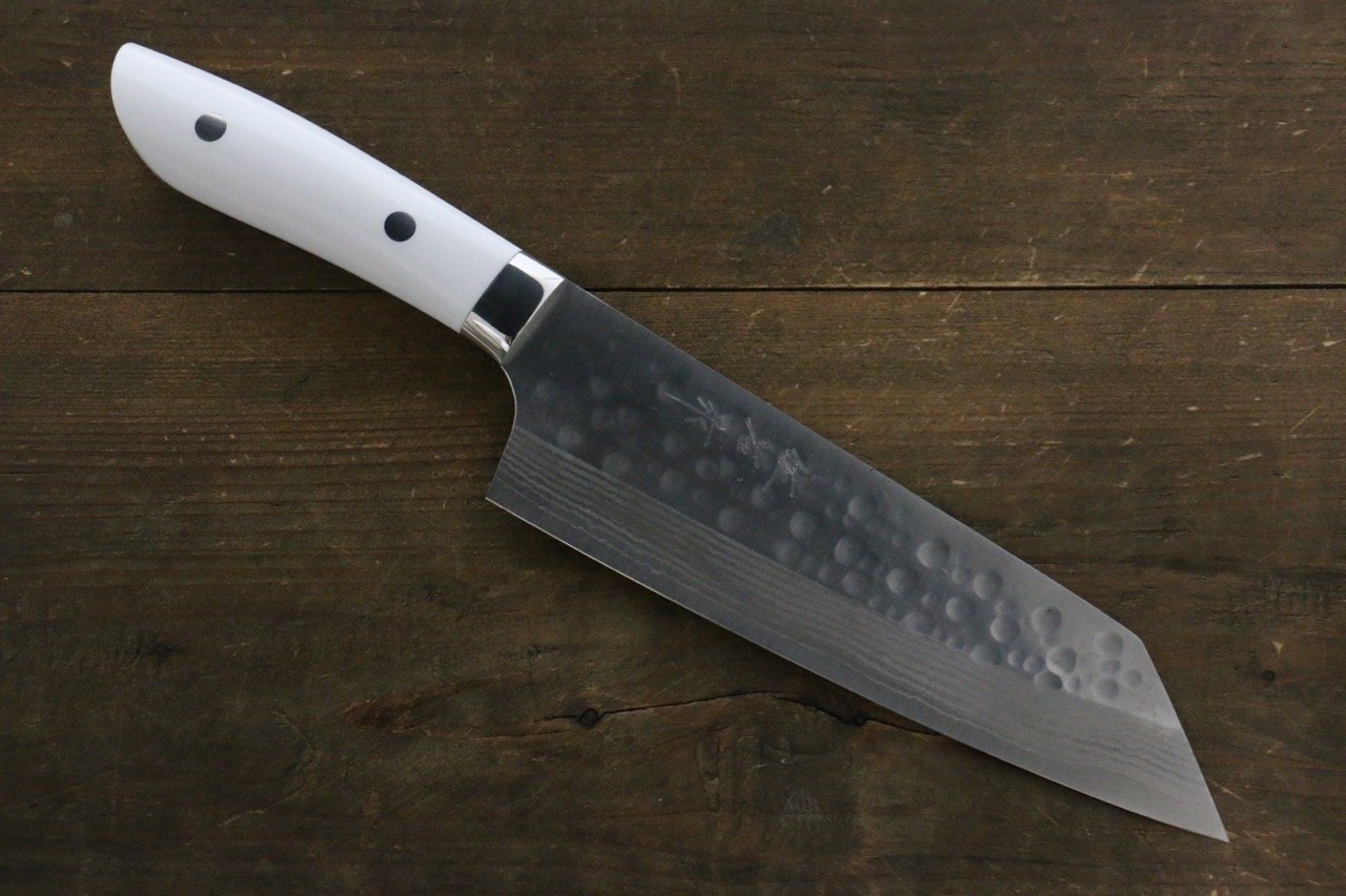 Takeshi Saji SRS13 Hammered Damascus Bunka Japanese Chef Knife 180mm with White Stone handle - Japanny - Best Japanese Knife