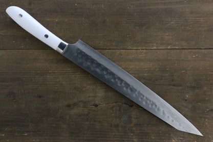 Takeshi Saji SRS13 Hammered Damascus Sujihiki Japanese Chef Knife 270mm with White Stone Handle - Japanny - Best Japanese Knife