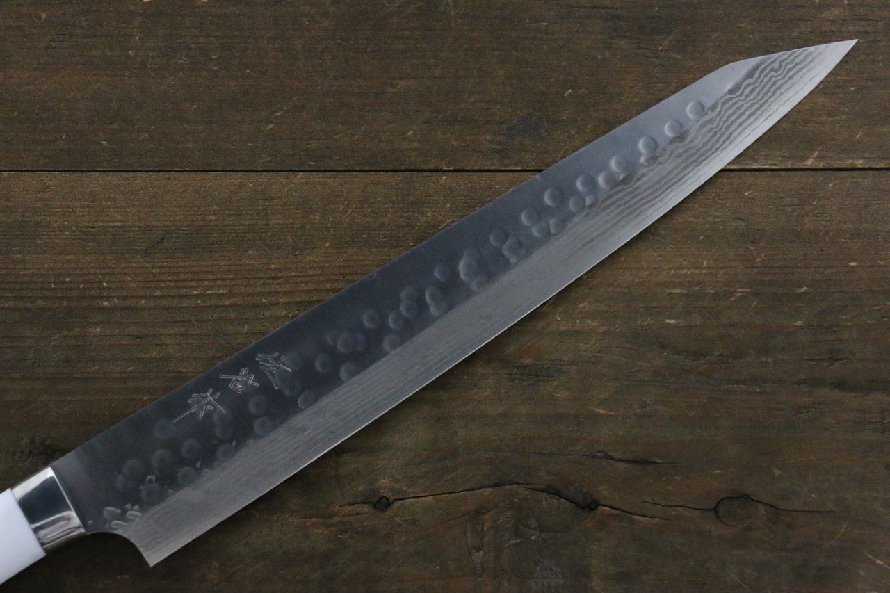 Takeshi Saji SRS13 Hammered Damascus Sujihiki Japanese Chef Knife 270mm with White Stone Handle - Japanny - Best Japanese Knife