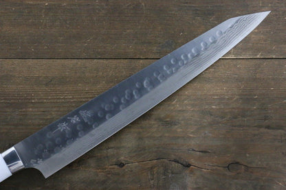 Takeshi Saji SRS13 Hammered Damascus Sujihiki Japanese Chef Knife 270mm with White Stone Handle - Japanny - Best Japanese Knife