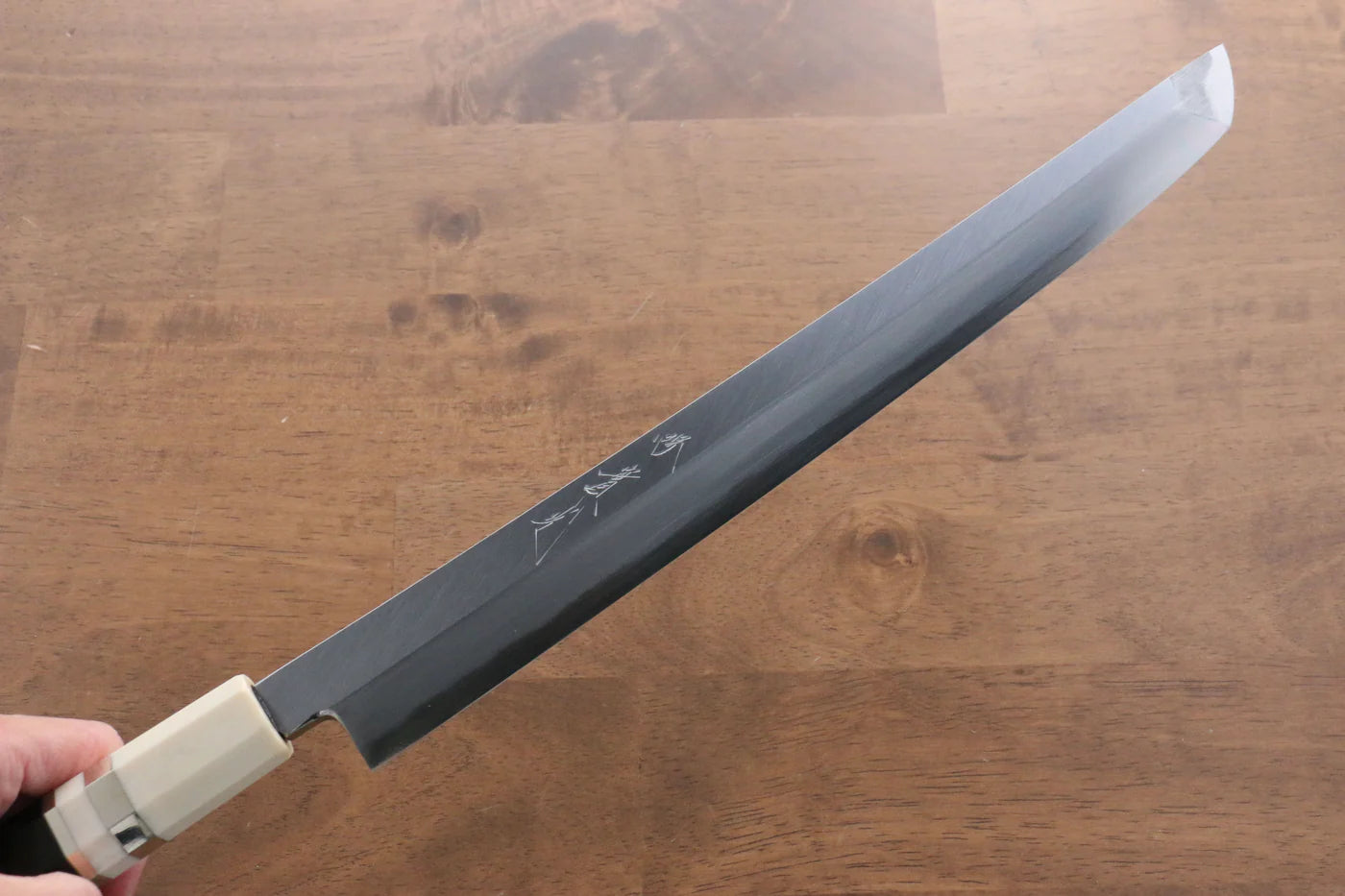 Fischmesser der Marke Jikko, blauer Stahl, spezielles Shashimi Yanagiba (runder Griff), japanisches Messer, 300 mm, Griff aus Ebenholz mit Ringen auf beiden Seiten