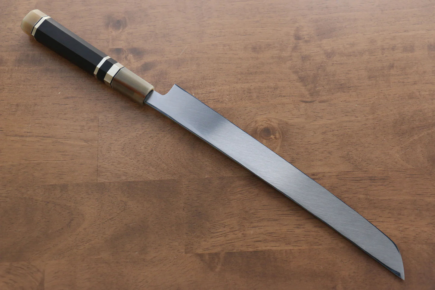 Thương hiệu Jikko Thép trắng Dao thái cá, shashimi chuyên dụng Yanagiba (cán tròn) dao Nhật 270mm gỗ Mun có đính vòng 2 bênChuôi dao