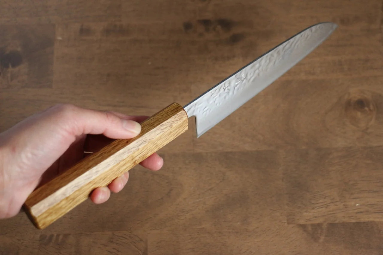 Santoku-Mehrzweckmesser, Marke Seisuke Tsukikage, handgeschmiedetes Messer aus Damaststahl AUS10, 170 mm Eichengriff