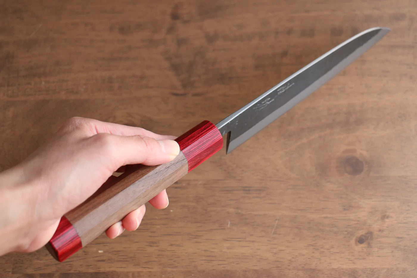 Thương hiệu Seisuke Kurumi Thép xanh  Kurouchi Dao đa năng Santoku dao Nhật 165mm chuôi dao gỗ cây óc chó (có vòng đỏ ở cả hai mặt)