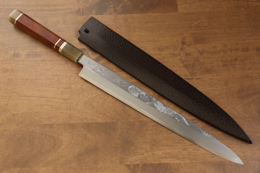 Marke Sakai Takayuki Thien Long Uzushio-Serie, Nr. 2 blauer Stahl mit geschnitzter Drachenform, Yanagiba 300 mm Spezial-Shashimi-Fischmesser, Messergriff aus rotem Ebenholz, inklusive Messerscheide, hochwertiges echtes japanisches Messer 11