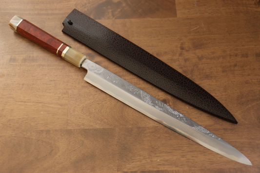 Thương hiệu Sakai Takayuki Thiên Long Uzushio Series, Thép xanh No.2 Chạm khắc hình rồng, Dao thái cá shashimi chuyên dụng Yanagiba 300mm, Chuôi dao làm từ gỗ Mun đỏ, Có kèm bao dao, dao Nhật chính hãng cao cấp 9