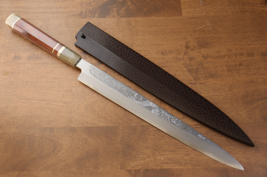 Yanagiba japanisches Messer, handgeschmiedet, Sakai Takayuki, drachenförmig, Uzushio-Serie Nr. 2, blauer Stahl, 300 mm lang, Griff aus rotem Ebenholz, inklusive Scheide