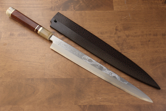 Handgeschmiedetes Yanagiba-Messer, 300 mm lang, Sakai Takayuki Thien Long Uzushio, blaue Stahlserie Nr. 2, geschnitzt mit Drachenbild, Messergriff aus rotem Ebenholz mit Messerscheide,