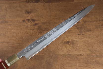 Marke Sakai Takayuki Thien Long Uzushio-Serie, Nr. 2 blauer Stahl mit geschnitzter Drachenform, Yanagiba 300 mm Spezial-Shashimi-Fischmesser, Messergriff aus rotem Ebenholz, inklusive Messerscheide, hochwertiges echtes japanisches Messer 11