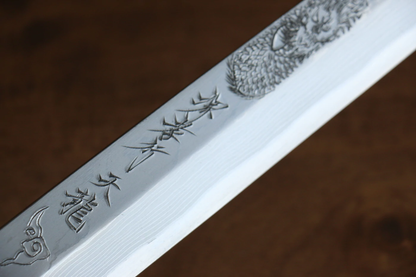 Marke Sakai Takayuki Thien Long Uzushio-Serie, Nr. 2 blauer Stahl mit geschnitzter Drachenform, Yanagiba 300 mm Spezial-Shashimi-Fischmesser, Messergriff aus rotem Ebenholz, inklusive Messerscheide, hochwertiges echtes japanisches Messer 11