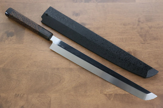Thương hiệu Sakai Takayuki Mizumoto yaki Thép trắng No.2 Tráng gương  Dao thái cáshashimi chuyên dụng Yanagiba (cán tròn) dao Nhật 300mm chuôi dao gỗ Tagayasan (có đính đôi vòng trâu nước làm bằng thép không gỉ cao cấp) Có kèm bao