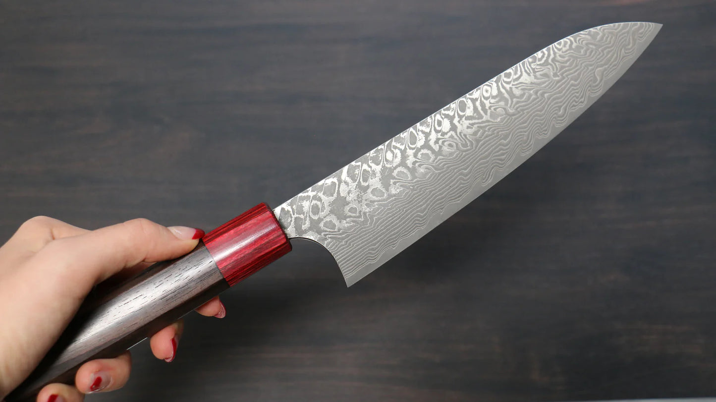 Thương hiệu Yoshimi Kato R2/SG2 Thép Damascus Dao đa năng Gyuto dao Nhật 180mm gỗ Đàn Hương ( đính vòng gỗ ép đỏ)