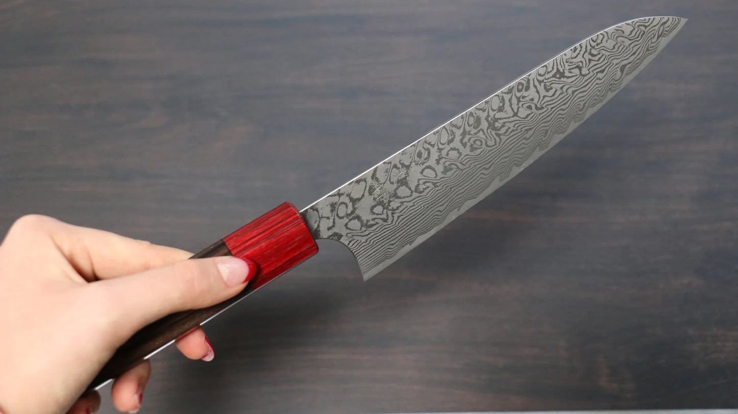 Thương hiệu Yoshimi Kato R2/SG2 Thép Damascus Dao đa năng Gyuto dao Nhật 180mm gỗ Đàn Hương ( đính vòng gỗ ép đỏ)