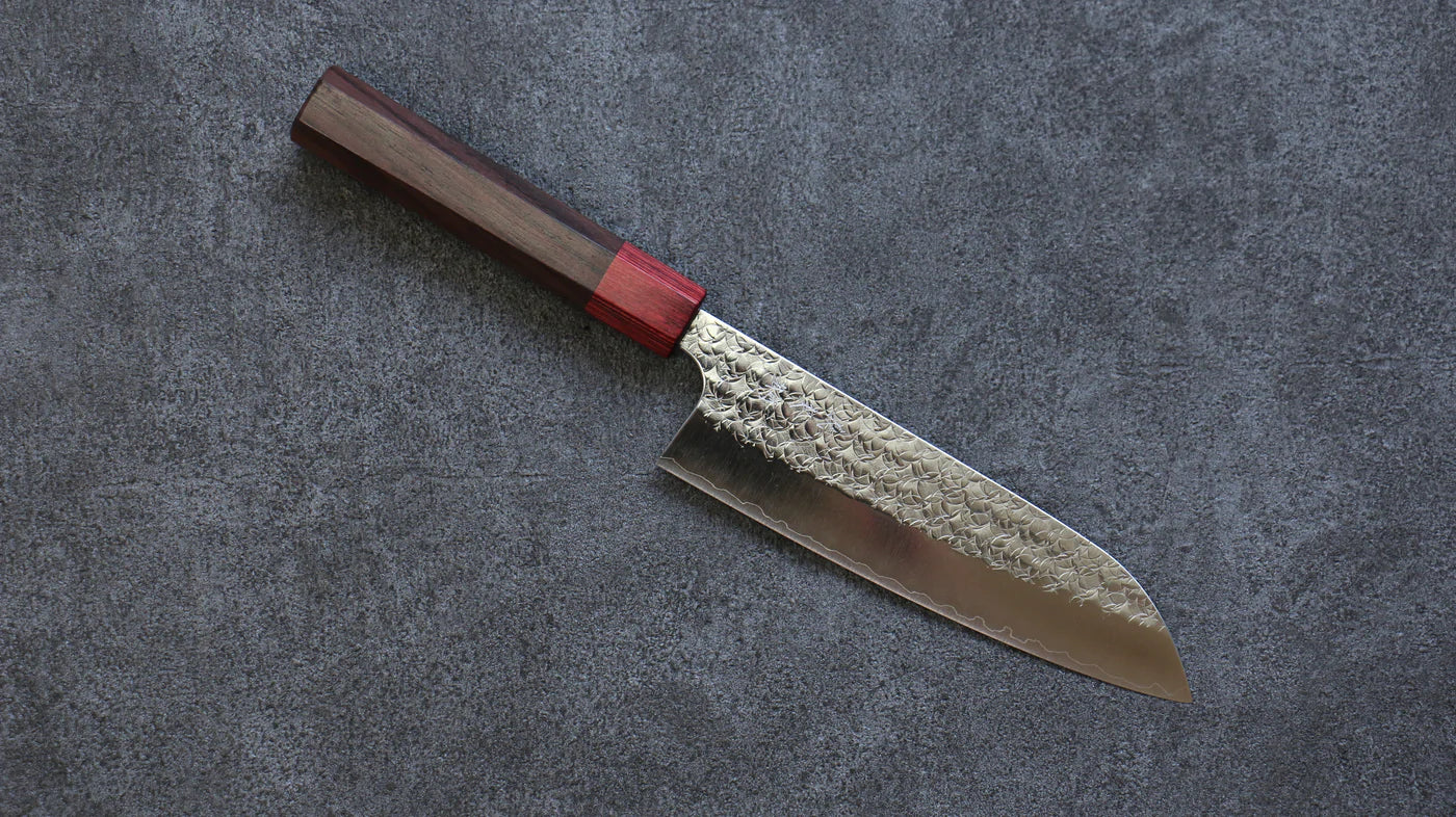 Thương hiệu Yoshimi Kato  R2/SG2 Rèn thủ công Dao đa năng Santoku dao Nhật 165mm chuôi dao gỗ Đàn Hương ( đính vòng gỗ ép đỏ)